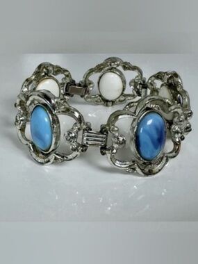 Vintage Silver-tone Blue and White Faux Stone Link Bracelet 7in #1048